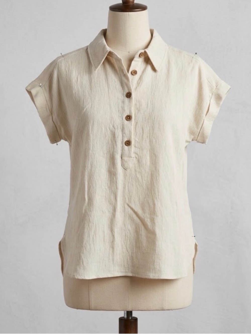 Linen Blend Textured Henley Top Shirt Perch by Blu Pepper Coastal Lagenlook 1X